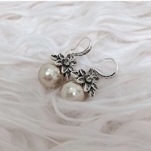 Elegant Silver and Cream Floral Pearl Earrings Never Worn